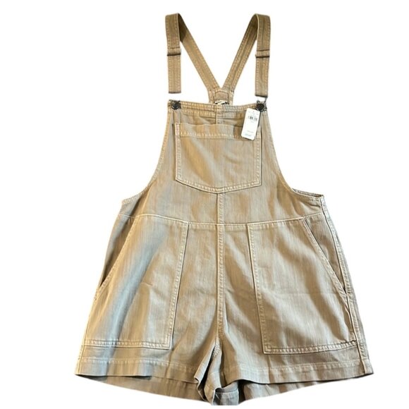 Aerie Womens Khaki Denim Overalls Shorts XS Womens Adjustable Straps Pockets Bei - Picture 2 of 16